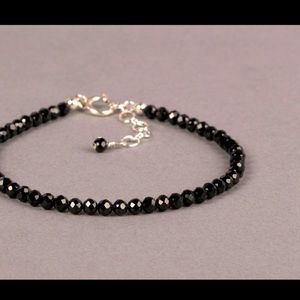 Black Spinel Beaded Adjustable Bracelet Natural Gemstone Faceted Beads Sterling